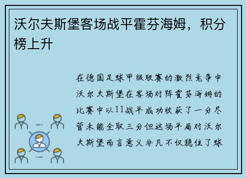 沃尔夫斯堡客场战平霍芬海姆，积分榜上升