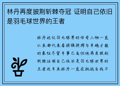 林丹再度披荆斩棘夺冠 证明自己依旧是羽毛球世界的王者