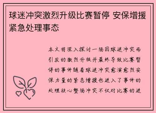 球迷冲突激烈升级比赛暂停 安保增援紧急处理事态